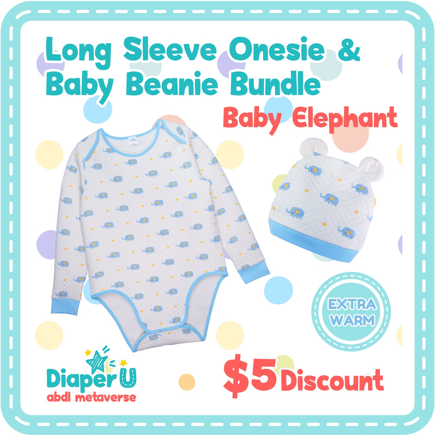 ABDL Baby Elephant Long Sleeve Onesie & Beanie Bundle Set