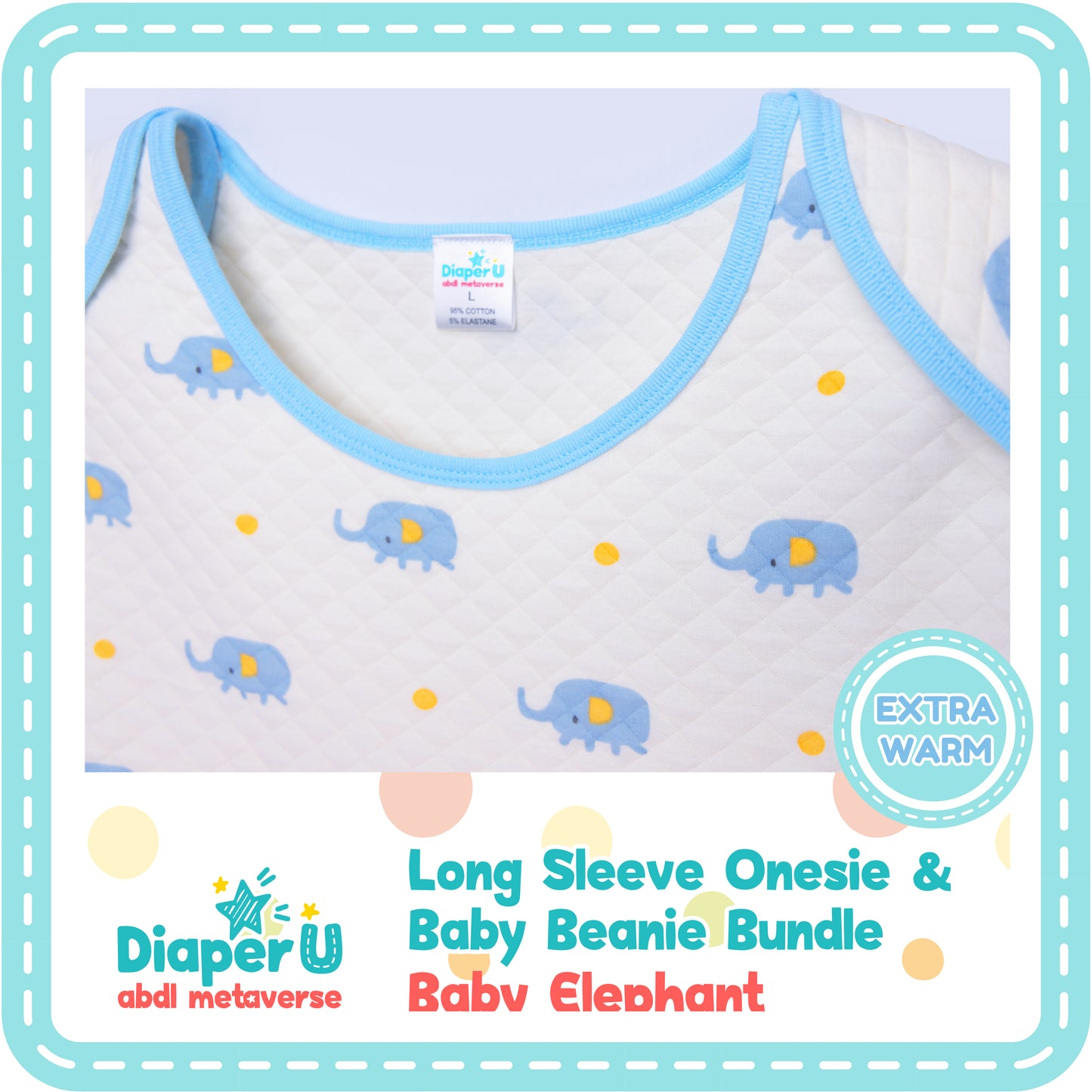 ABDL Baby Elephant Long Sleeve Onesie & Beanie Bundle Set