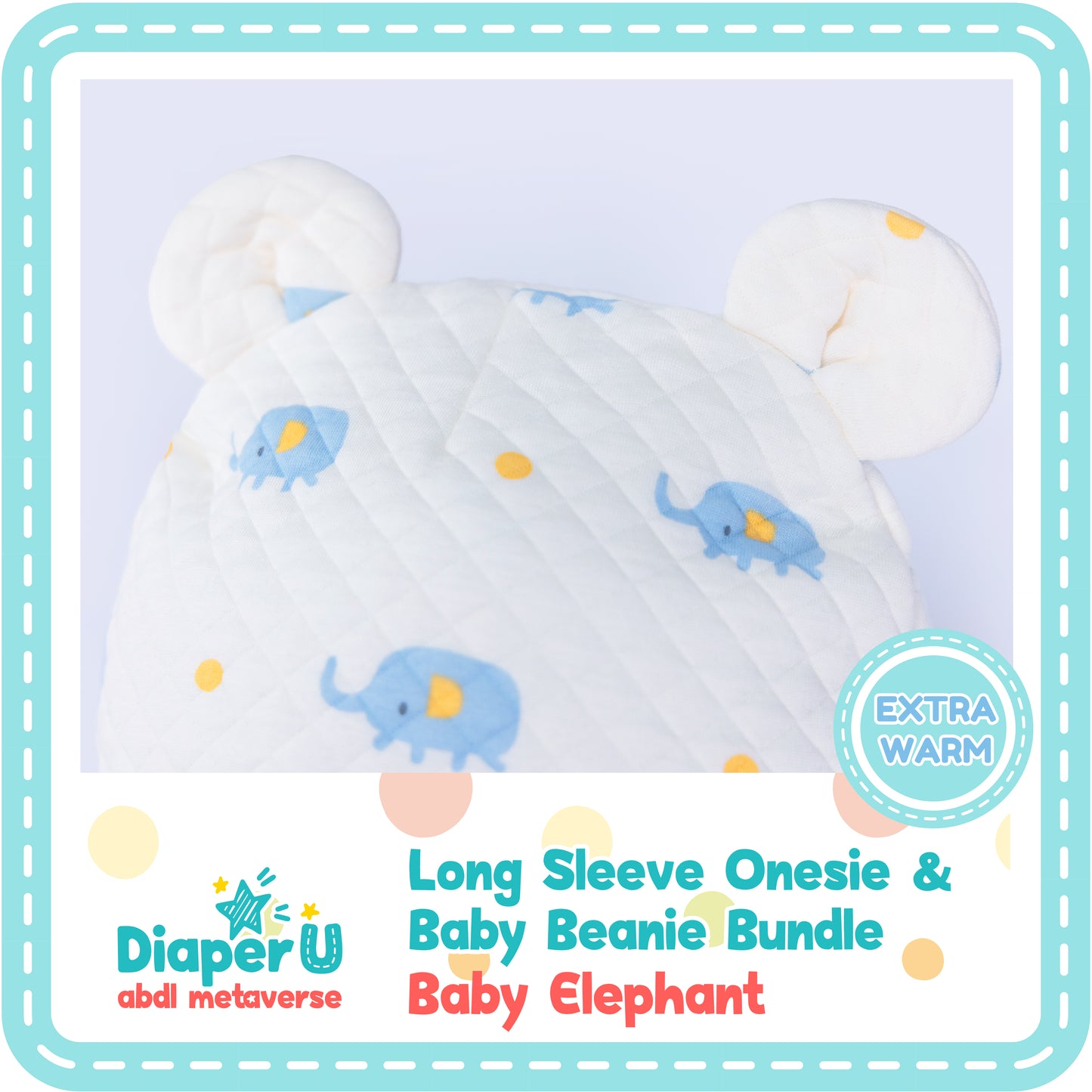 ABDL Baby Elephant Long Sleeve Onesie & Beanie Bundle Set