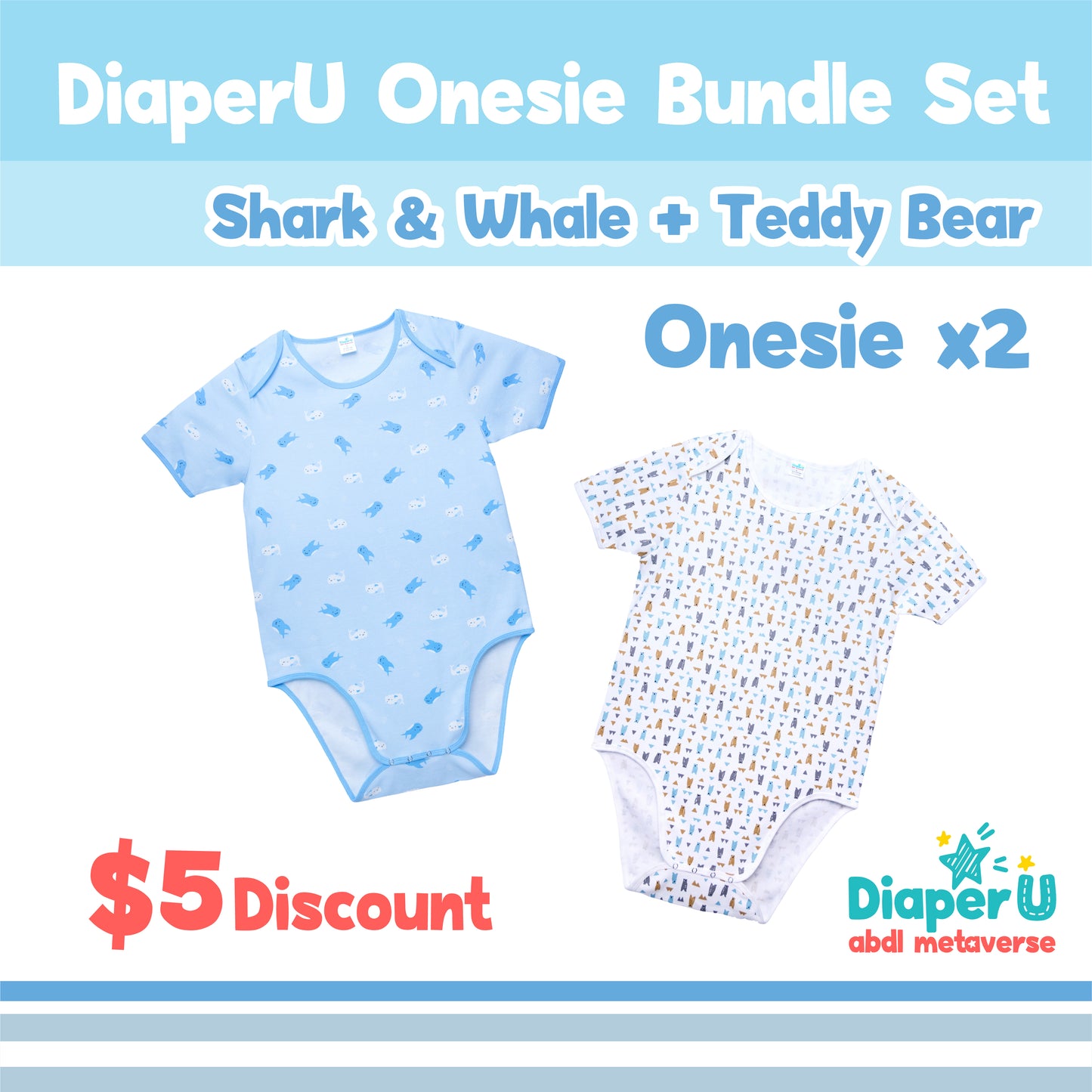 ABDL Onesie - Shark & Whale & Teddy Bear Bundle Set (2 Onesie)