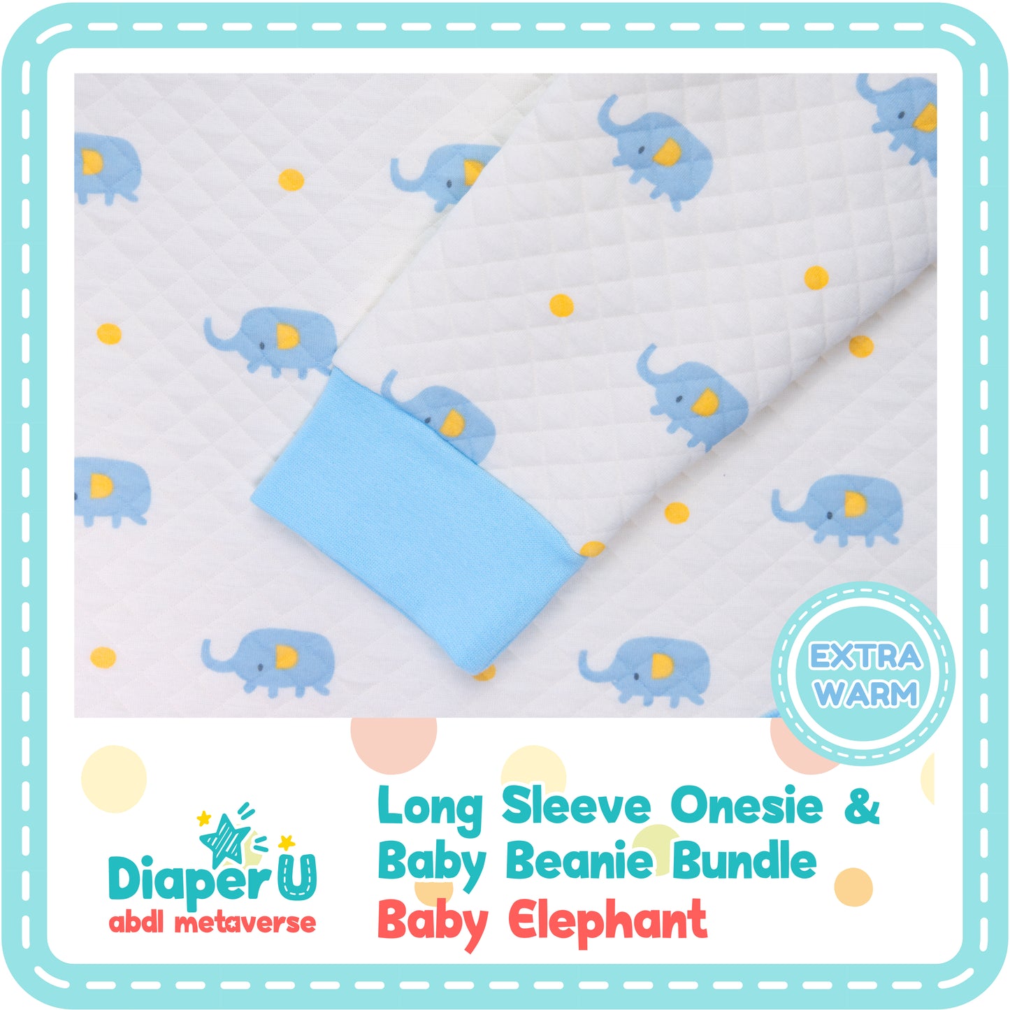 ABDL Baby Elephant Long Sleeve Onesie & Beanie Bundle Set