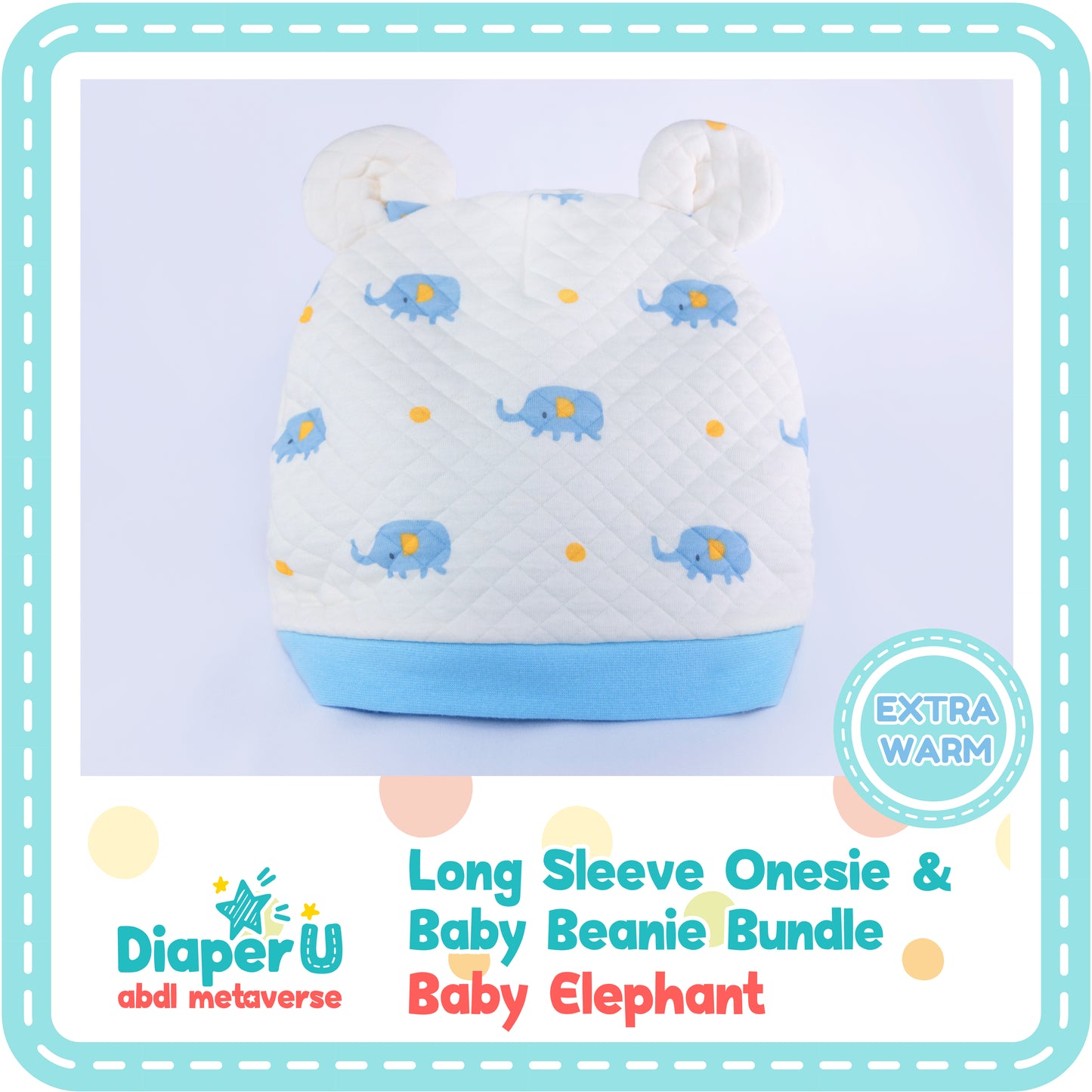 ABDL Baby Elephant Long Sleeve Onesie & Beanie Bundle Set